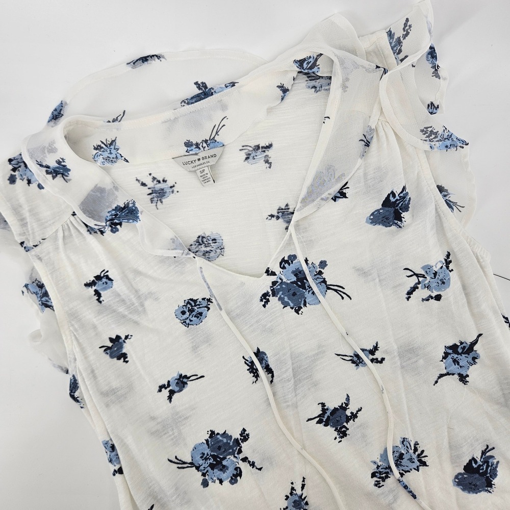 Lucky Brand Women Small Top White Blue Floral Ruffle Sleeve